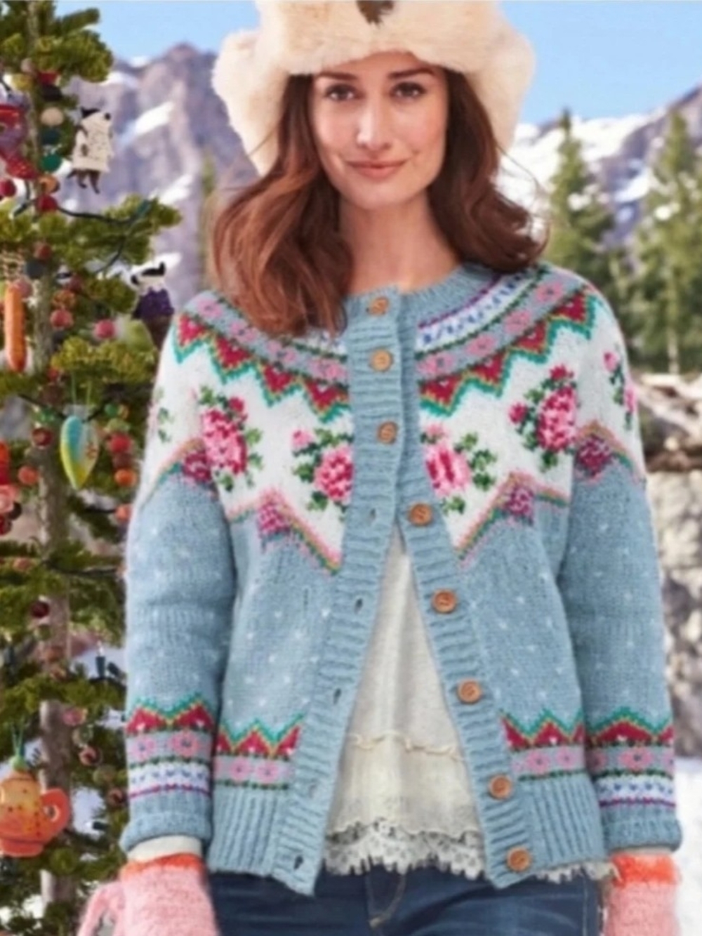 Sundance blue cottage rose fair isle wool cardigan , sweater button front L